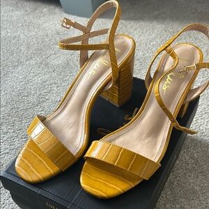 Lulu's Yellow Heels with Block Heel and Open Toe Design